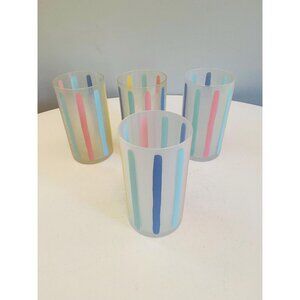 Vtg Frosted Pastel Striped Glasses Set of 4 Highball Tumbler Cocktail Glasses